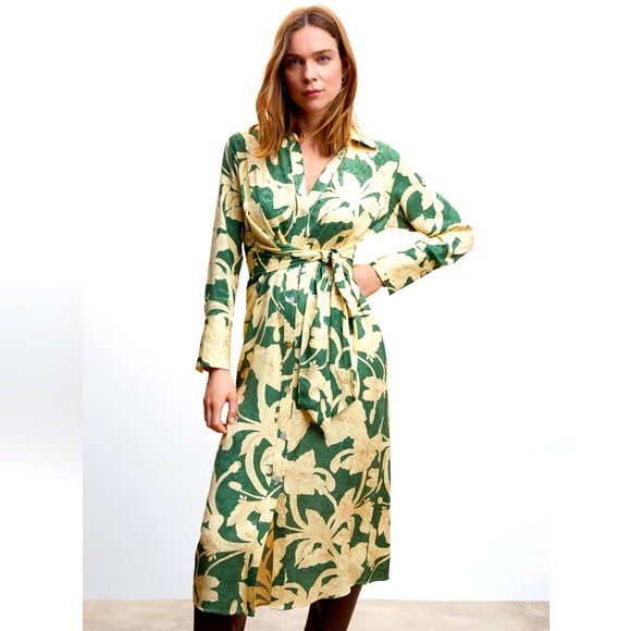 MANGO green and beige Floral jacquard dress SIZE large NWT - Picture 1 of 16